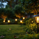 A photograph of a beautifully landscaped garden at dusk