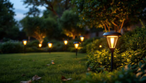 A photograph of a beautifully landscaped garden at dusk