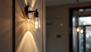 A photograph of a stylish wall light fixture installed in a modern interior setting