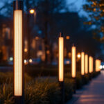 A photograph of a modern urban streetscape at dusk