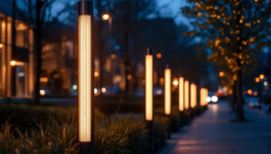 A photograph of a modern urban streetscape at dusk