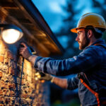 A photograph of a lighting contractor installing modern security lights in a residential setting during twilight