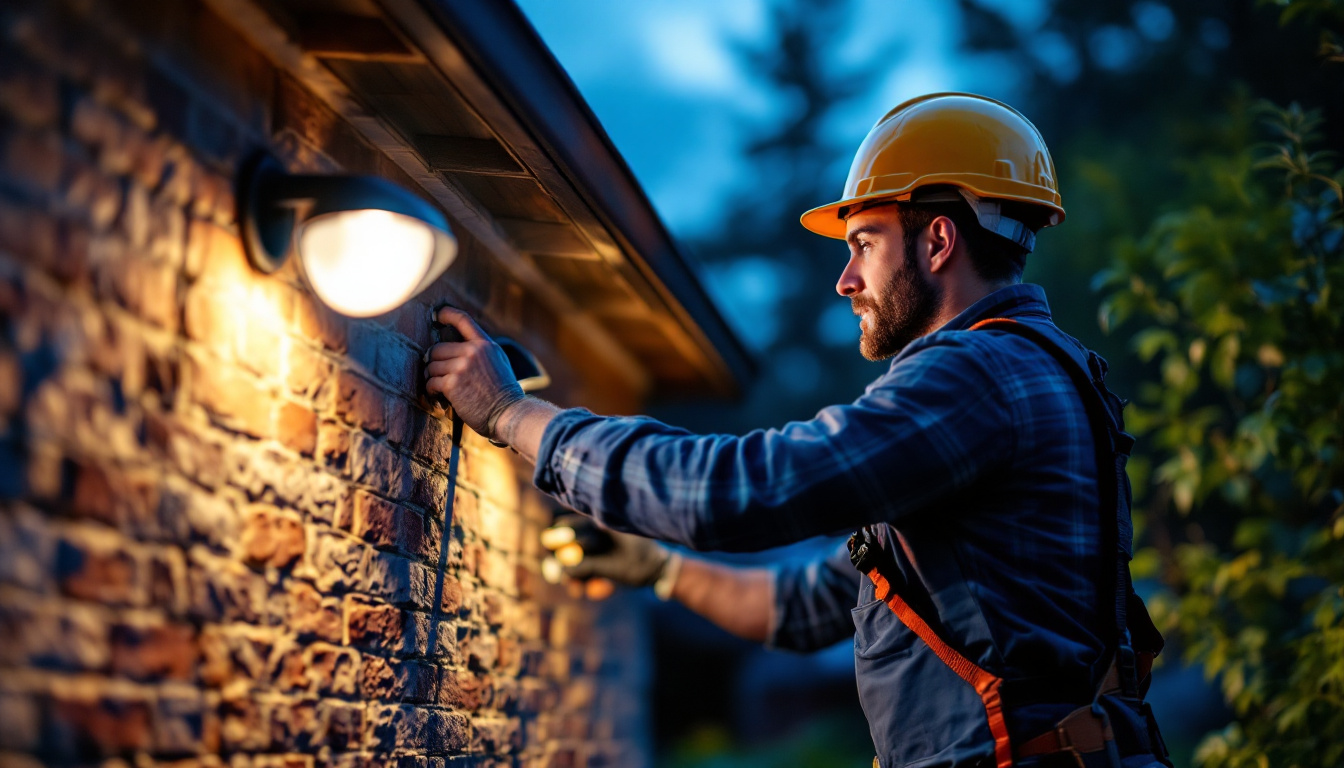A photograph of a lighting contractor installing modern security lights in a residential setting during twilight