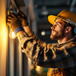 A photograph of an electrician or lighting contractor skillfully installing or adjusting led lighting fixtures in a modern indoor setting