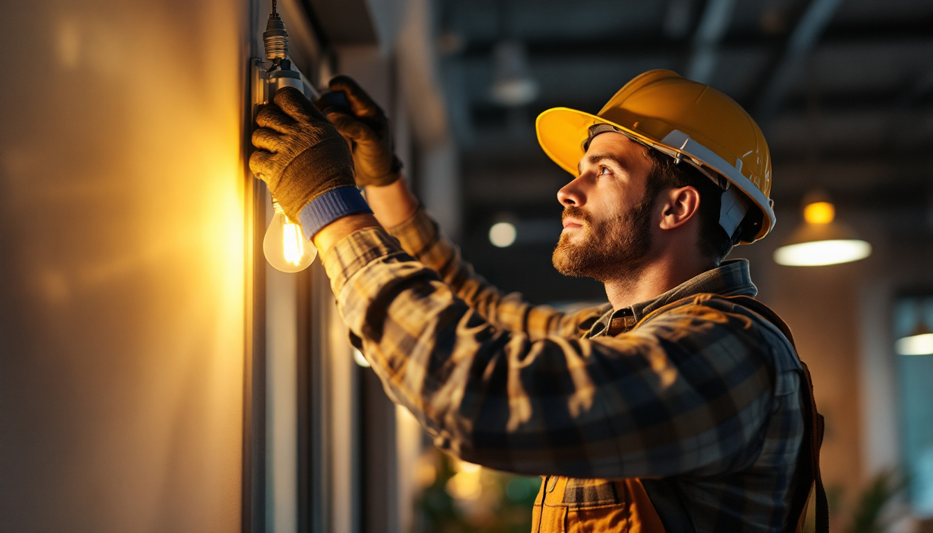 A photograph of an electrician or lighting contractor skillfully installing or adjusting led lighting fixtures in a modern indoor setting