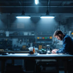 A photograph of a well-lit workshop or garage space featuring several 4-foot led shop lights in use