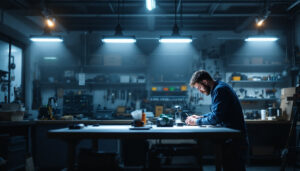 A photograph of a well-lit workshop or garage space featuring several 4-foot led shop lights in use