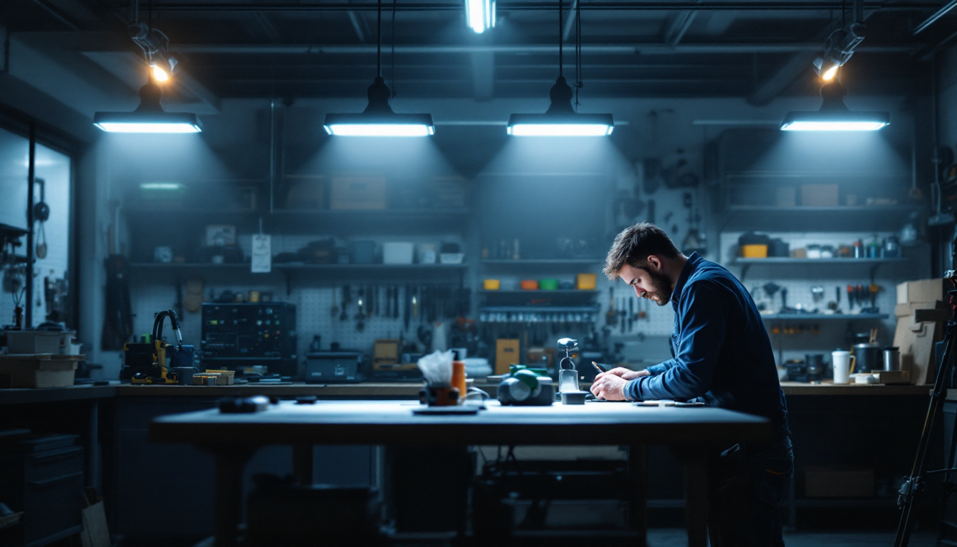 A photograph of a well-lit workshop or garage space featuring several 4-foot led shop lights in use
