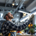 A photograph of a lighting contractor expertly installing a sleek fluorescent light fixture in a modern workspace