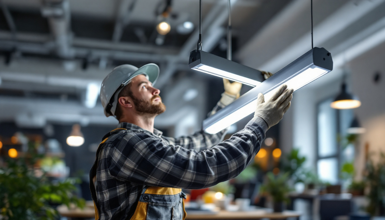 A photograph of a lighting contractor expertly installing a sleek fluorescent light fixture in a modern workspace