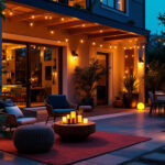 A photograph of a beautifully illuminated patio at dusk