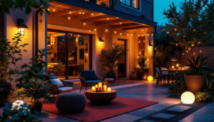 A photograph of a beautifully illuminated patio at dusk