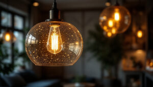 A photograph of a beautifully designed pendant light fixture hanging in a stylish interior setting