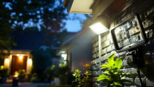 A photograph of a lighting contractor installing motion sensor flood lights in a residential setting