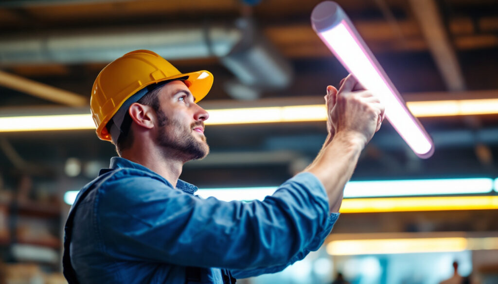 A photograph of a lighting contractor installing or showcasing fluorescent light bulbs in a commercial setting