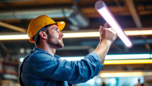 A photograph of a lighting contractor installing or showcasing fluorescent light bulbs in a commercial setting