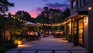 A photograph of a beautifully illuminated outdoor patio at dusk