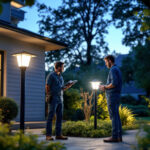 A photograph of a beautifully lit outdoor space featuring solar post lights