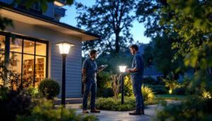 A photograph of a beautifully lit outdoor space featuring solar post lights