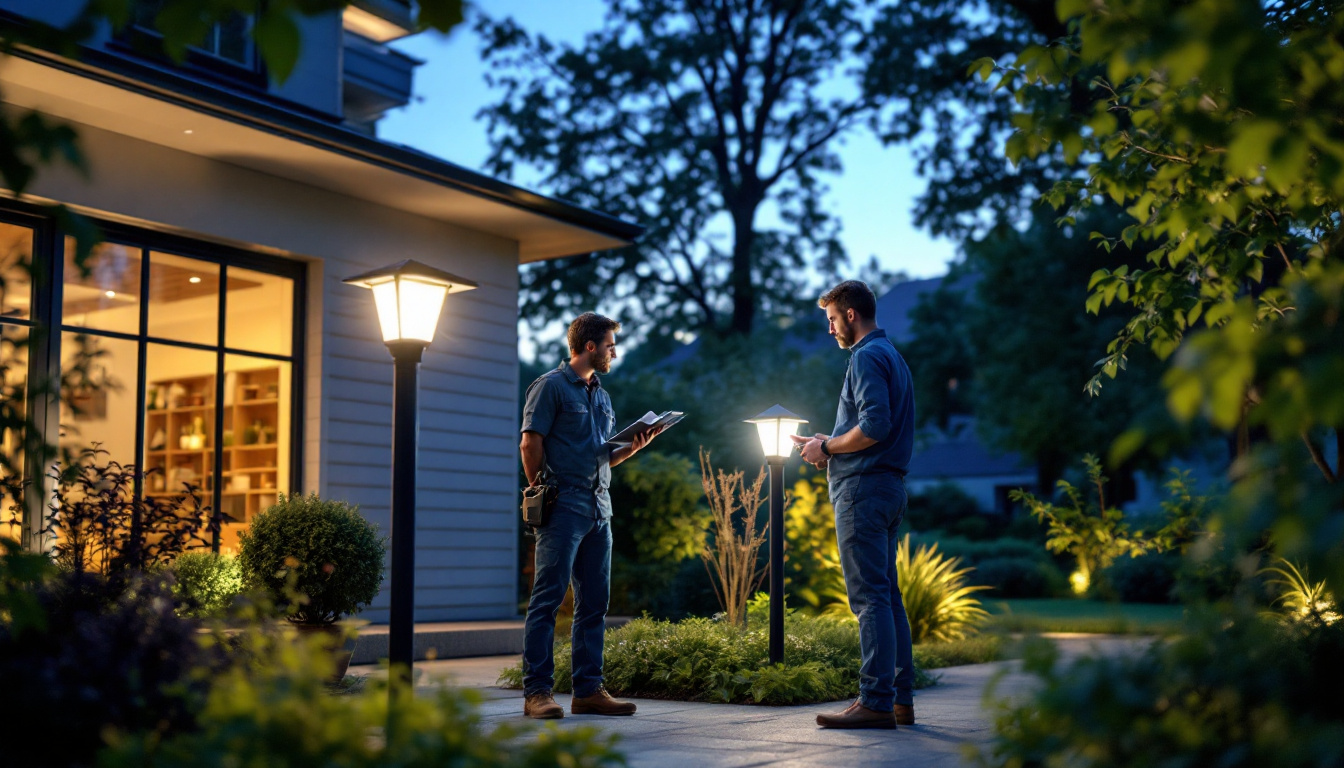 A photograph of a beautifully lit outdoor space featuring solar post lights
