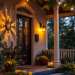 A photograph of a beautifully illuminated porch showcasing various styles of lighting fixtures