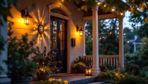 A photograph of a beautifully illuminated porch showcasing various styles of lighting fixtures