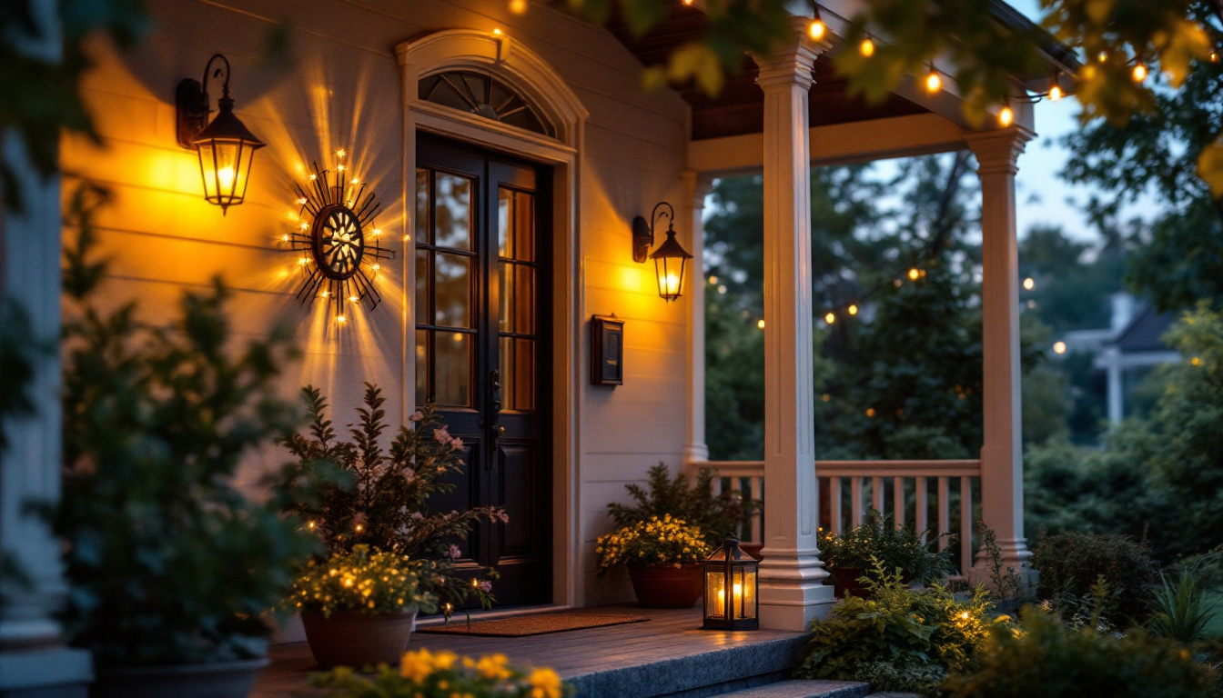 A photograph of a beautifully illuminated porch showcasing various styles of lighting fixtures