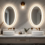 A photograph of a stylish bathroom featuring elegant vanity lights that enhance the space