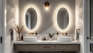 A photograph of a stylish bathroom featuring elegant vanity lights that enhance the space