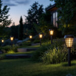 A photograph of a beautifully landscaped outdoor space illuminated by stylish led solar lights