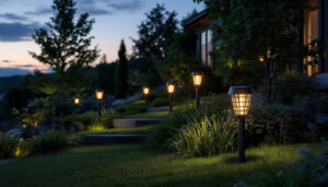 A photograph of a beautifully landscaped outdoor space illuminated by stylish led solar lights