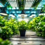A photograph of a vibrant indoor garden illuminated by an array of high-quality growing lights