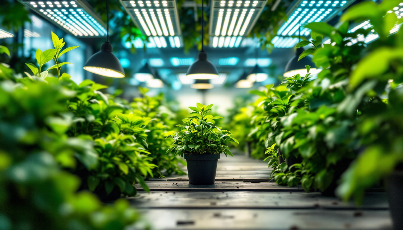 A photograph of a vibrant indoor garden illuminated by an array of high-quality growing lights