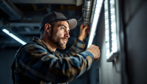 A photograph of a lighting contractor working on a light strip installation