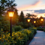 A photograph of a stylish solar lamp post illuminating a pathway in a garden or park during twilight