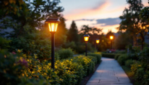 A photograph of a stylish solar lamp post illuminating a pathway in a garden or park during twilight