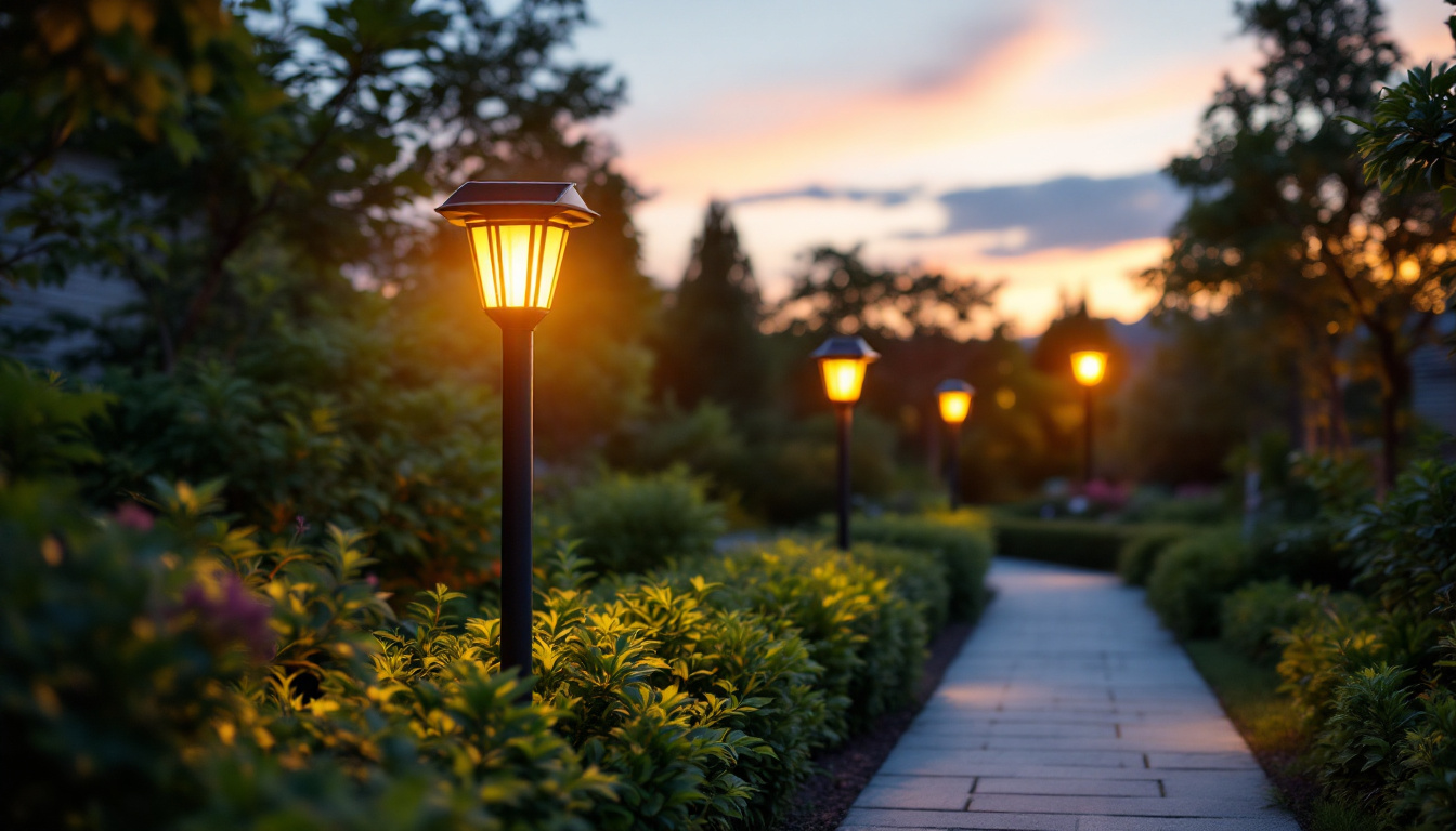 A photograph of a stylish solar lamp post illuminating a pathway in a garden or park during twilight