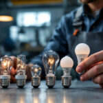 A photograph of a lighting contractor examining various bulb base sizes in a well-lit workshop