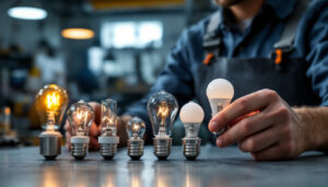 A photograph of a lighting contractor examining various bulb base sizes in a well-lit workshop
