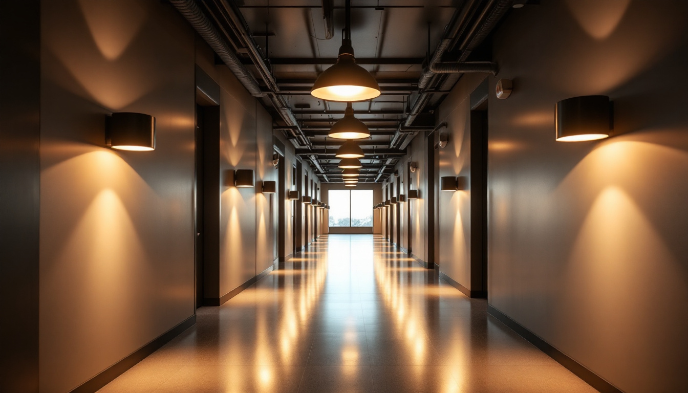 A photograph of a well-lit hallway showcasing a variety of stylish lighting fixtures