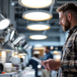A photograph of a lighting contractor examining a variety of recessed lighting fixtures in a well-lit showroom