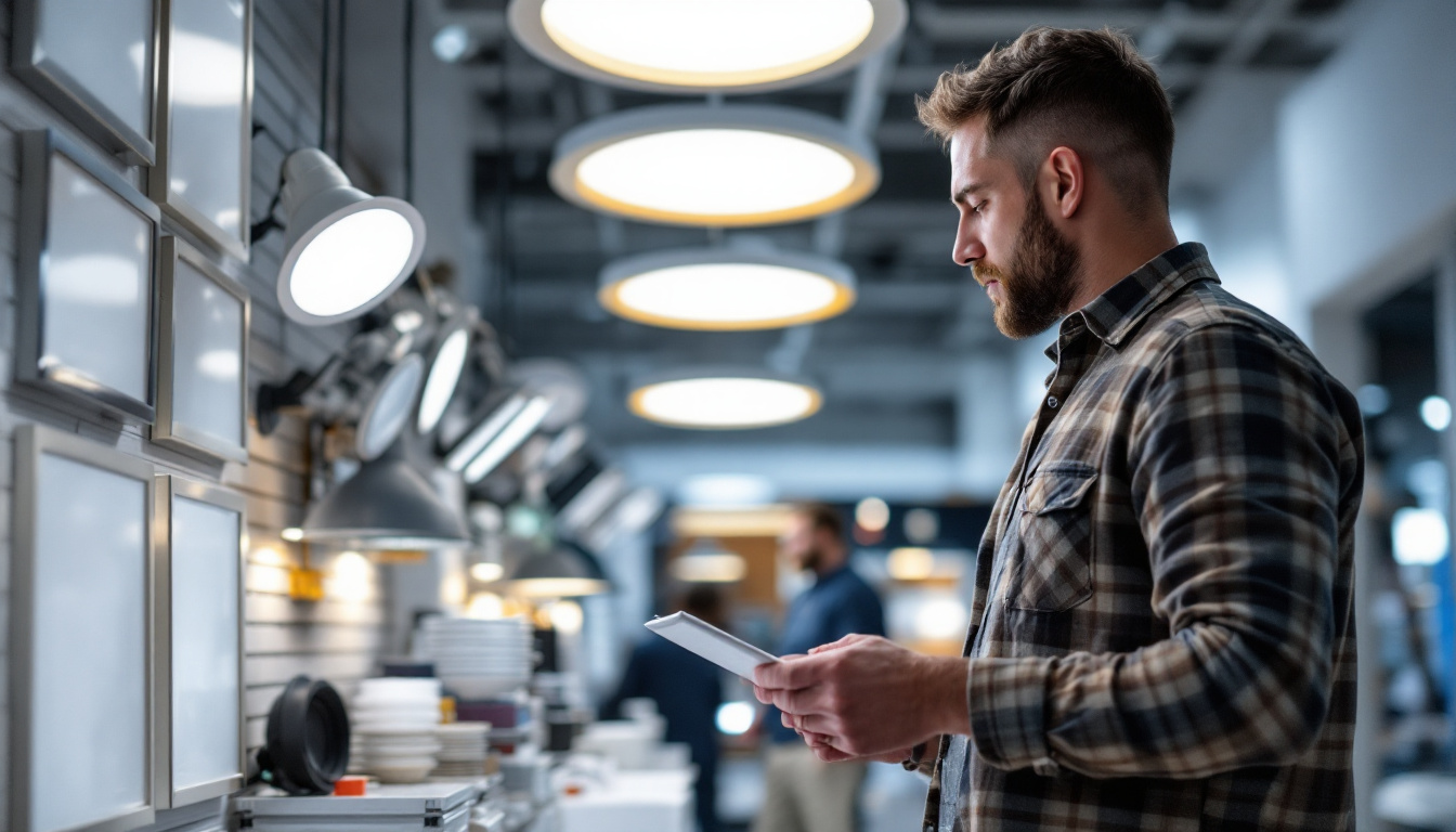 A photograph of a lighting contractor examining a variety of recessed lighting fixtures in a well-lit showroom