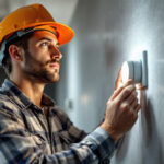 A photograph of a skilled lighting contractor installing or adjusting an occupancy sensor in a modern commercial or residential space