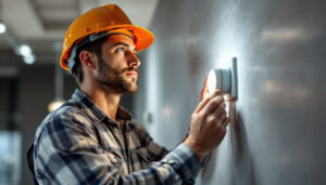 A photograph of a skilled lighting contractor installing or adjusting an occupancy sensor in a modern commercial or residential space