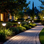 A photograph of a well-lit outdoor scene featuring solar flood lights illuminating a beautifully landscaped area at dusk