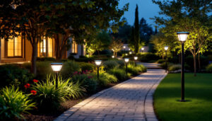A photograph of a well-lit outdoor scene featuring solar flood lights illuminating a beautifully landscaped area at dusk