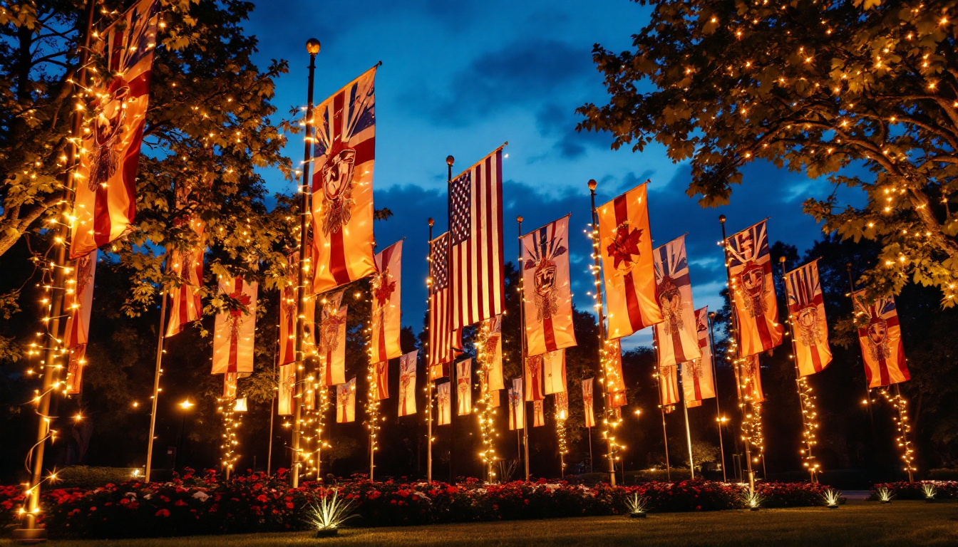A photograph of a beautifully lit outdoor flag display at dusk
