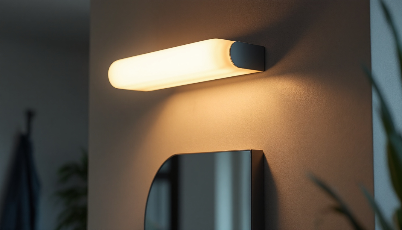 A photograph of a stylish vanity light fixture installed in a modern bathroom setting