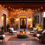 A photograph of a beautifully designed patio illuminated by a variety of stylish outdoor lighting fixtures
