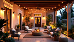 A photograph of a beautifully designed patio illuminated by a variety of stylish outdoor lighting fixtures